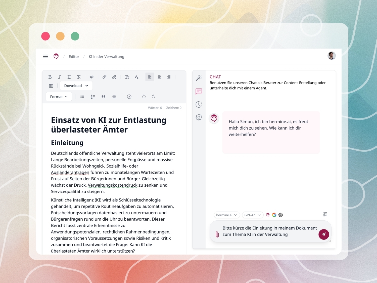 hermine.ai Editor mit Chat